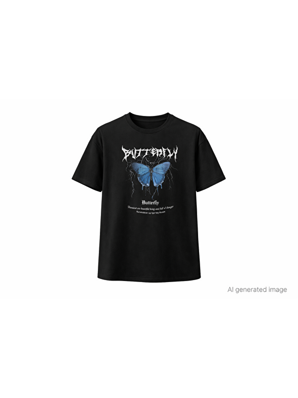 Jane's Unisex Bisiklet Yaka Baskılı Oversize T-Shirt - Siyah