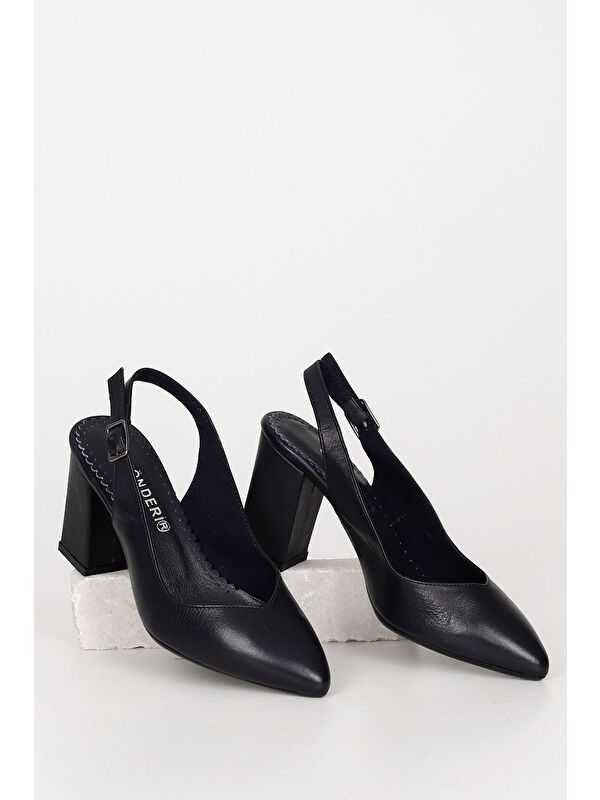 LACİVERT Hakiki Deri Sivri Burun Yüksek Kalın Topuklu Arkası Açık Kadın Yazlık Ayakkabı 24174 - Görsel 2