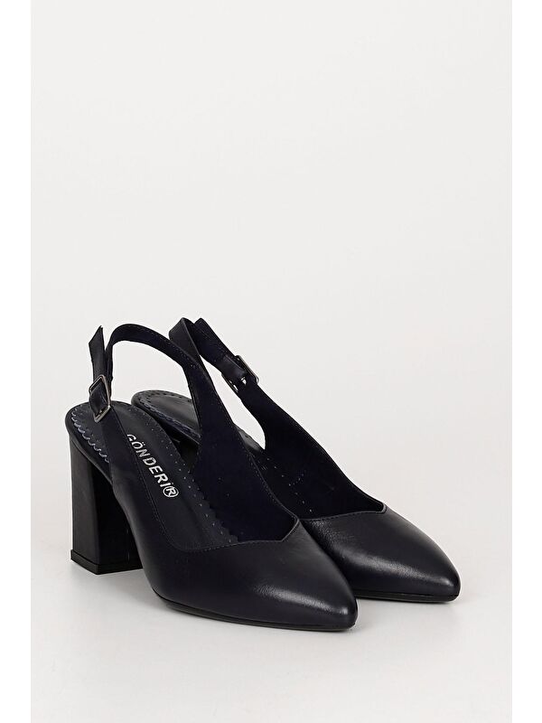 LACİVERT Hakiki Deri Sivri Burun Yüksek Kalın Topuklu Arkası Açık Kadın Yazlık Ayakkabı 24174 - Görsel 3