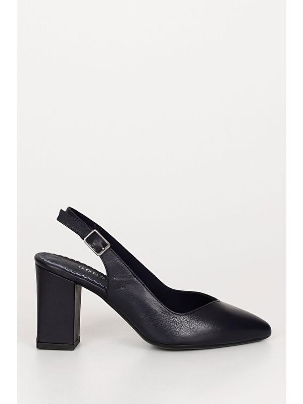 LACİVERT Hakiki Deri Sivri Burun Yüksek Kalın Topuklu Arkası Açık Kadın Yazlık Ayakkabı 24174 - Görsel 5