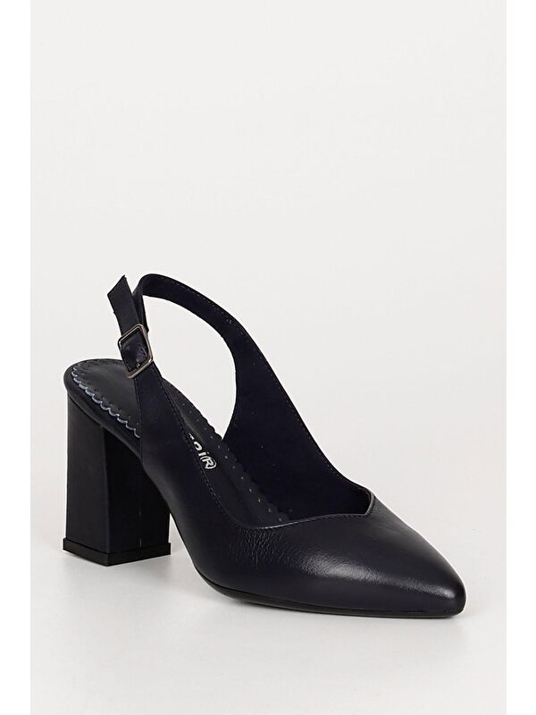 LACİVERT Hakiki Deri Sivri Burun Yüksek Kalın Topuklu Arkası Açık Kadın Yazlık Ayakkabı 24174 - Görsel 6