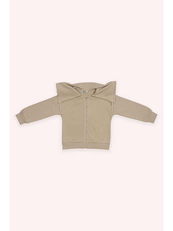 Panço Kız Çocuk Geniş Yaka Detaylı Fermuarlı Bej Sweatshirt
