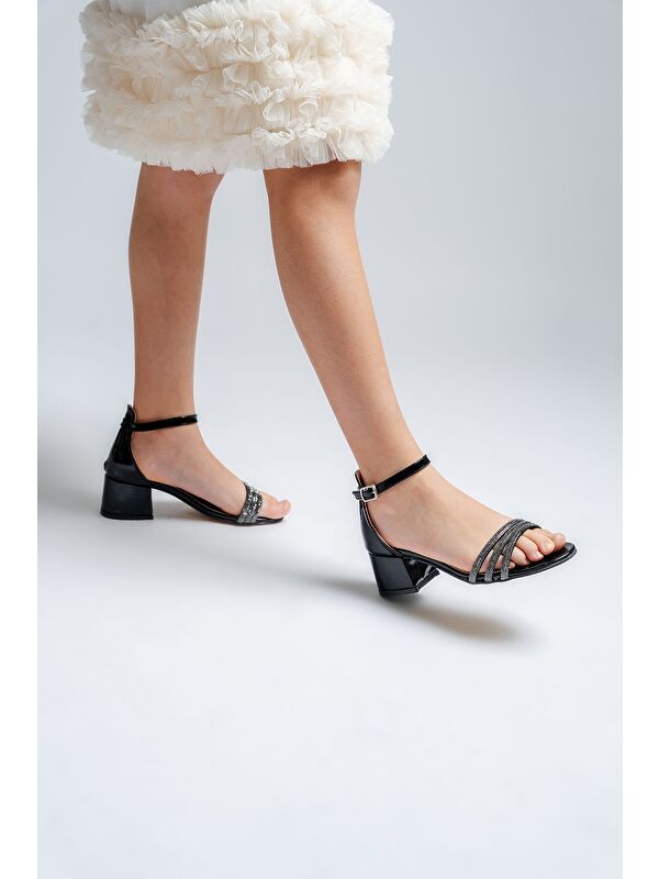 Kız Çocuk Siyah Taşlı Topuklu Abiye Ayakkabı - Görsel 3