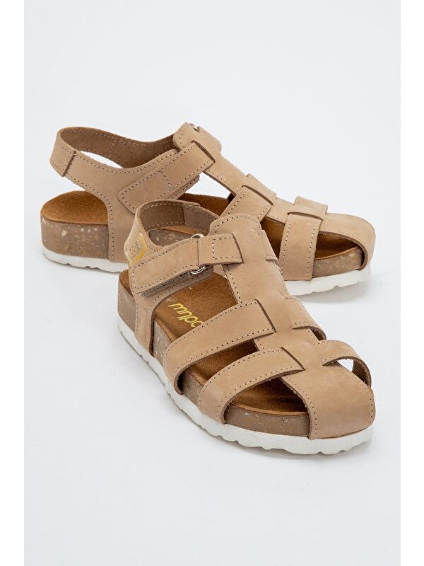 Unisex Çocuk Bej Hakiki Deri Mantar Tabanlı Günlük Çocuk Sandalet - Görsel 2