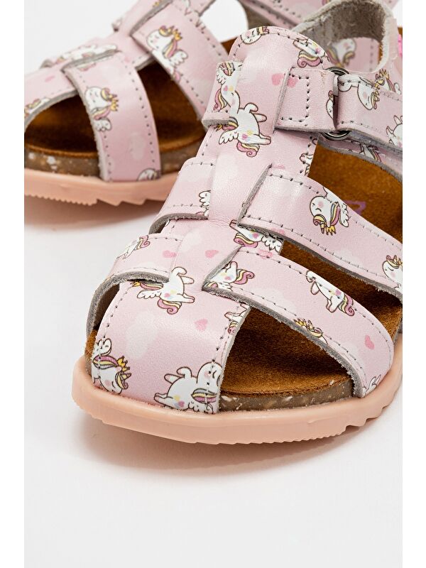 Unisex Çocuk Pudra Hakiki Deri Mantar Tabanlı Günlük Çocuk Sandalet - Görsel 3