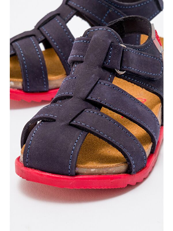 Unisex Çocuk Lacivert Hakiki Deri Mantar Tabanlı Günlük Çocuk Sandalet - Görsel 3