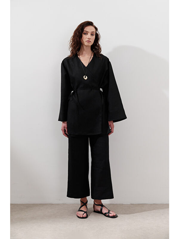Manuka Keten Kruvaze Kapama Kimono Siyah