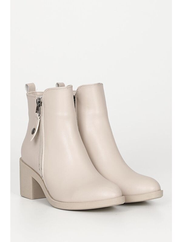BEJ Yuvarlak Burun Topuklu Fermuarlı Püsküllü Kadın Günlük Bot 35764 - Görsel 3