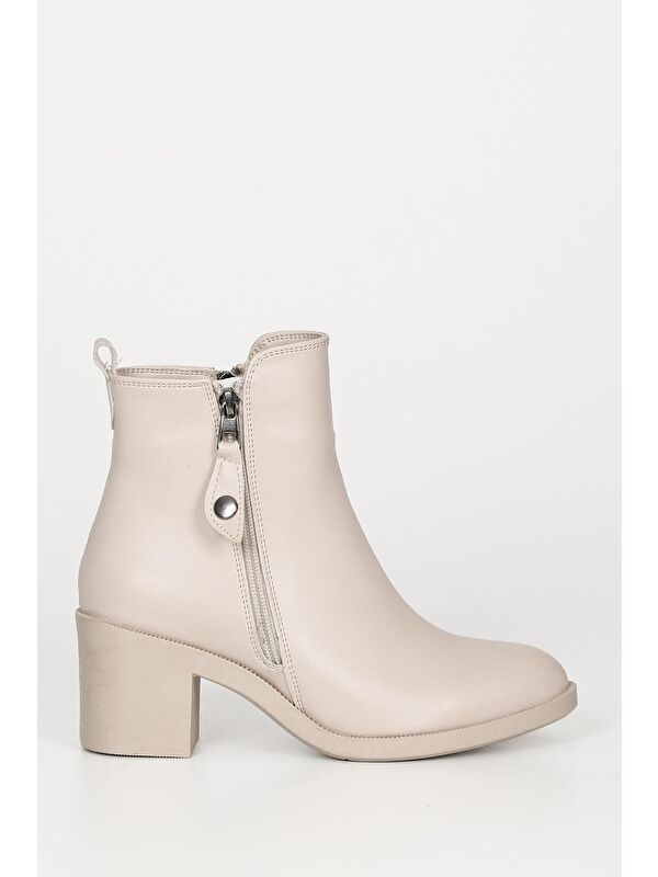 BEJ Yuvarlak Burun Topuklu Fermuarlı Püsküllü Kadın Günlük Bot 35764 - Görsel 5