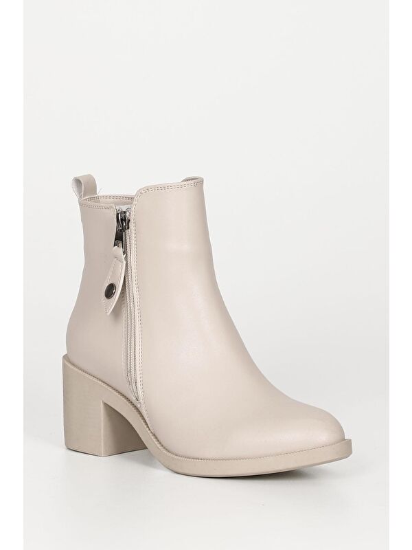 BEJ Yuvarlak Burun Topuklu Fermuarlı Püsküllü Kadın Günlük Bot 35764 - Görsel 6