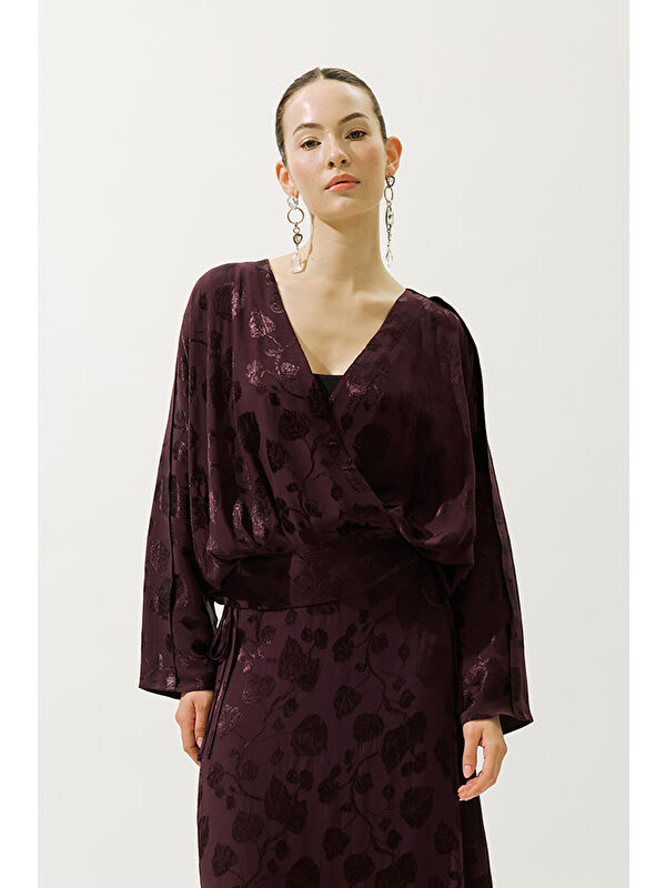 Manuka Jakarlı Saten Kimono Bordo
