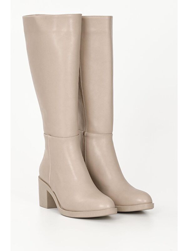 NUDE Yuvarlak Burun Topuklu Fermuarlı Kadın Günlük Çizme 35760 - Görsel 3