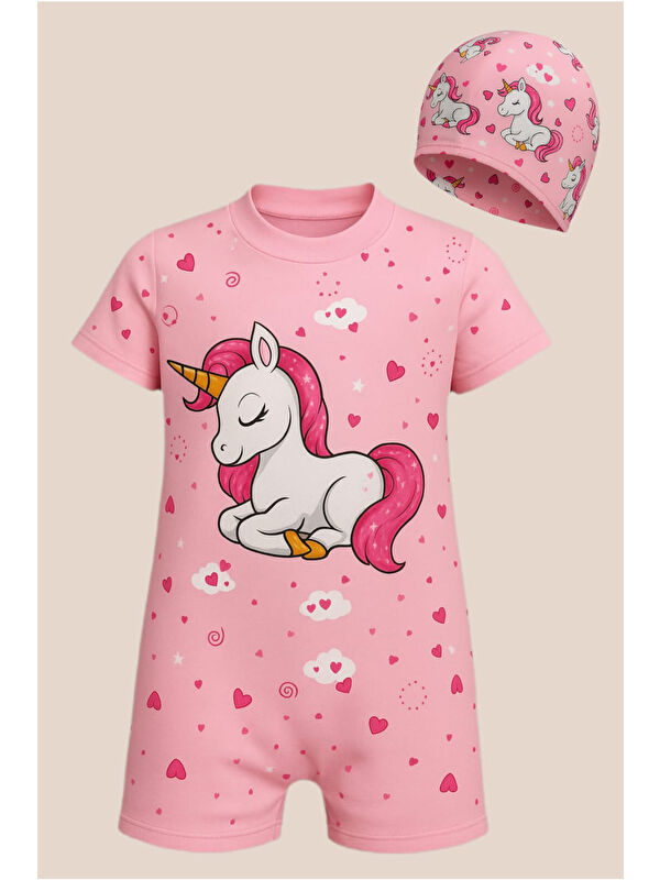 My Kids Wear Kız Çocuk Tam Vücut Sırt Fermuarlı Mayo Sevimli Desen Baskılı Boneli Takım