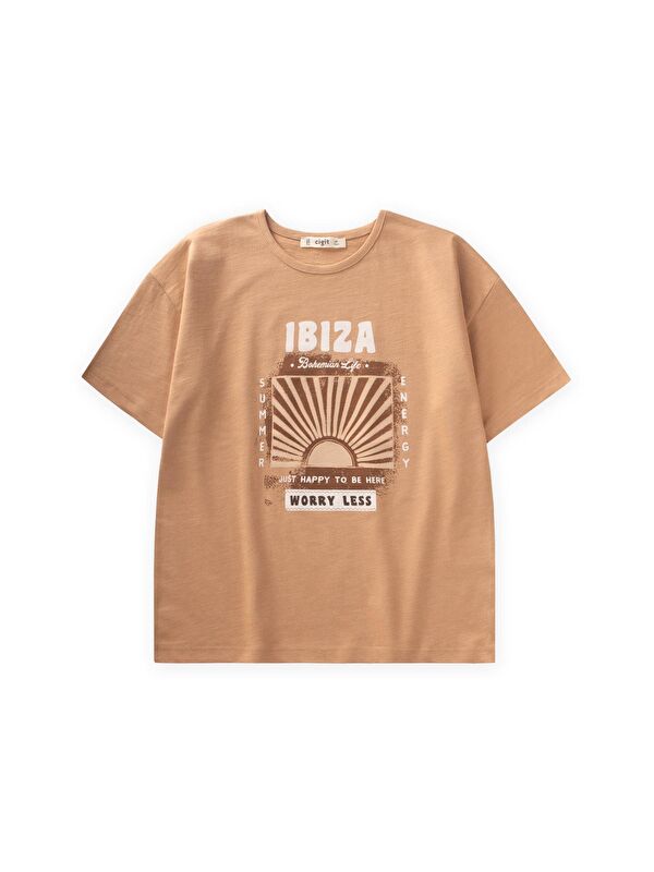 CİGİT İbiza Baskılı T-Shırt 8-12 Yaş Camel