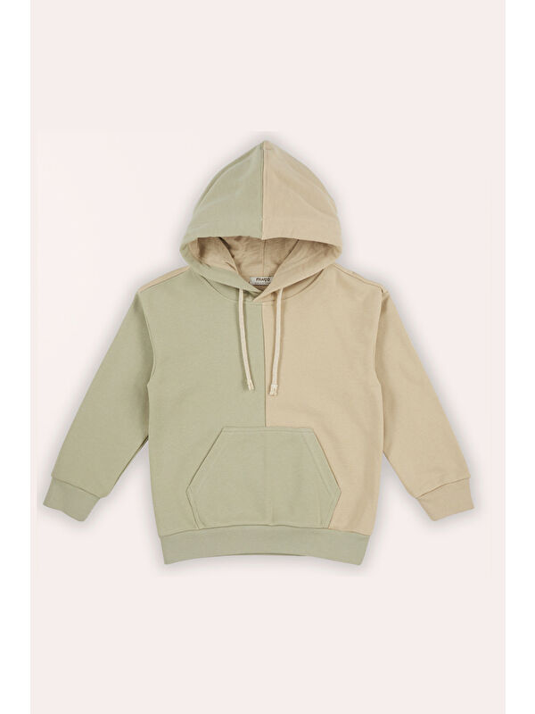 Panço Erkek Çocuk Kontrast Parçalı Kapüşonlu Bej Sweatshirt