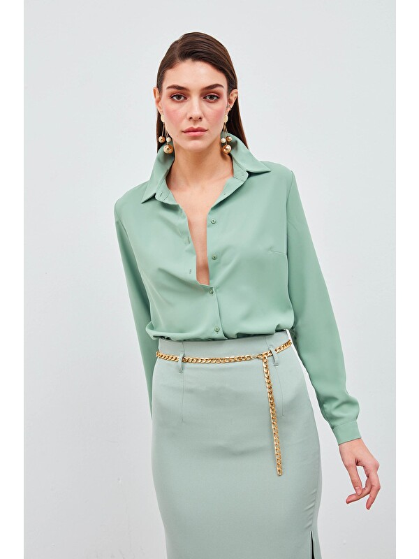 SATEEN Düz Klasik Gömlek - Mint