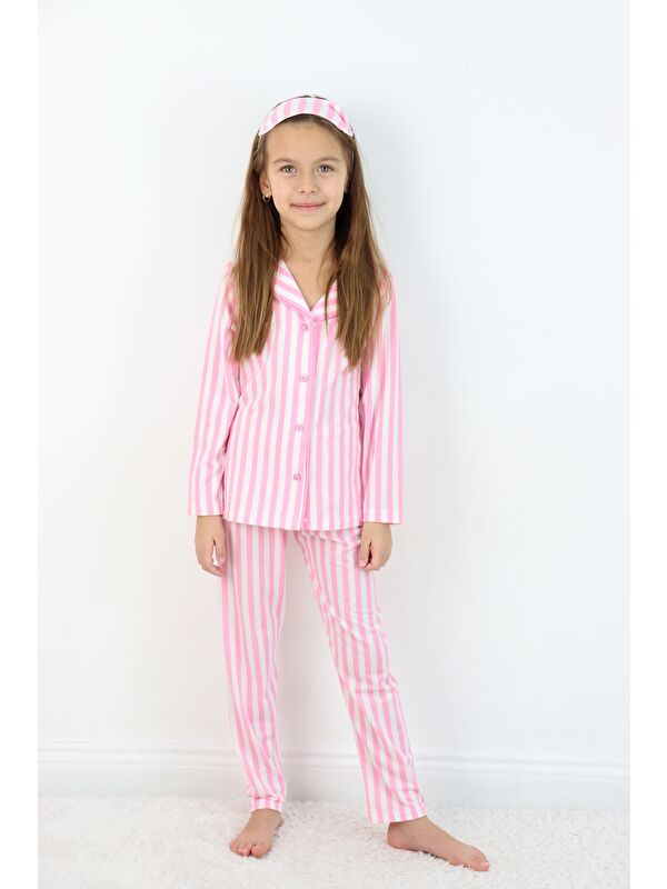 Harika Kids Kız Çocuk Çizgili Göz Bantlı Düğmeli %100 Pamuklu Pijama Takımı
