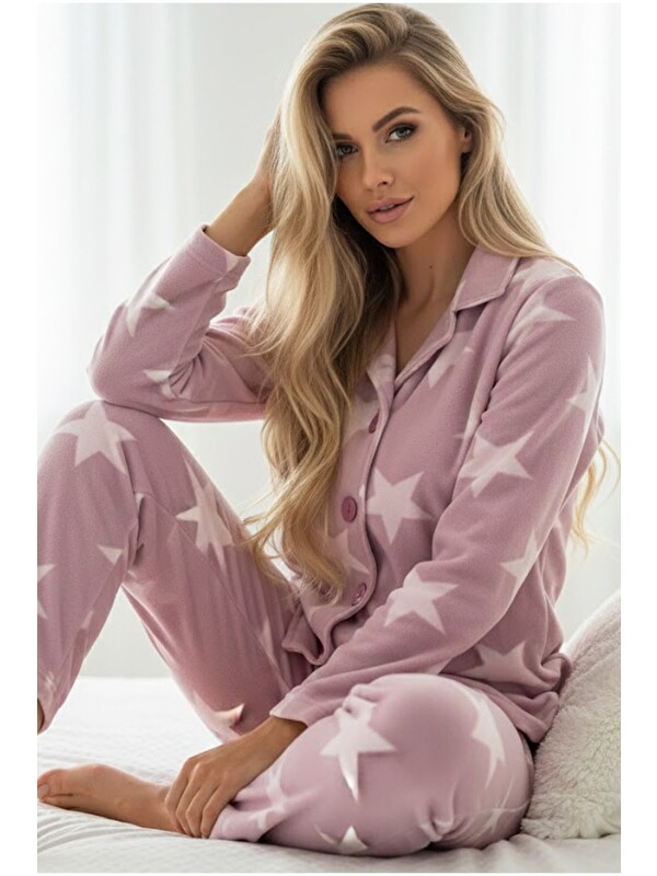 Siyah İnci Yıldız Desenli Düğmeli Polar Kışlık Örme Pijama Takım