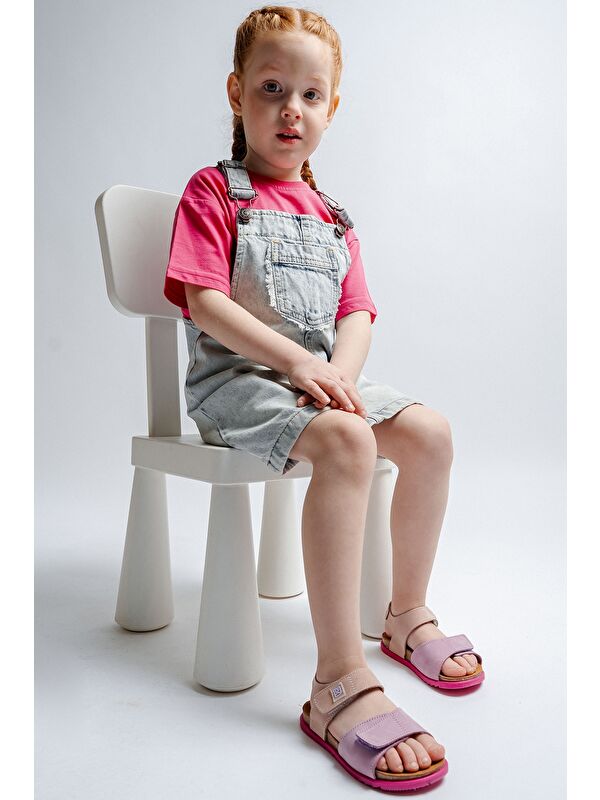 Mnpc Unisex Çocuk Lila-Pembe Hakiki Deri Mantar Tabanlı Günlük Çocuk Sandalet
