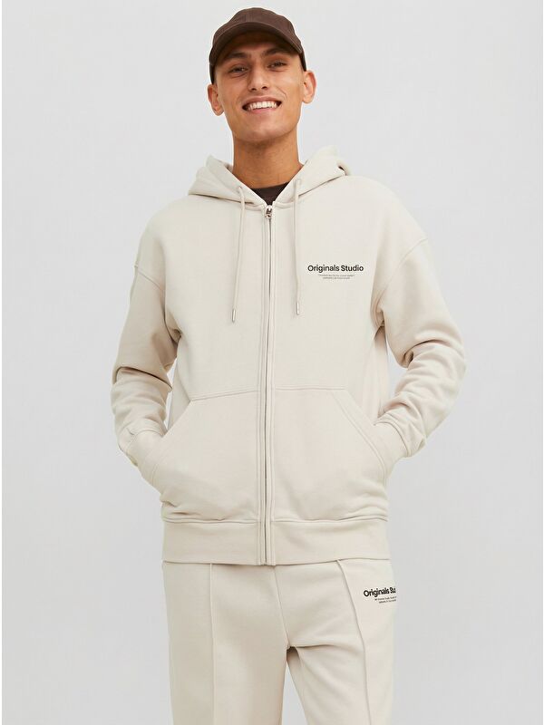 Jack & Jones Vesterbro Bej Kapüşonlu Erkek Fermuarlı Sweatshirt Hırka