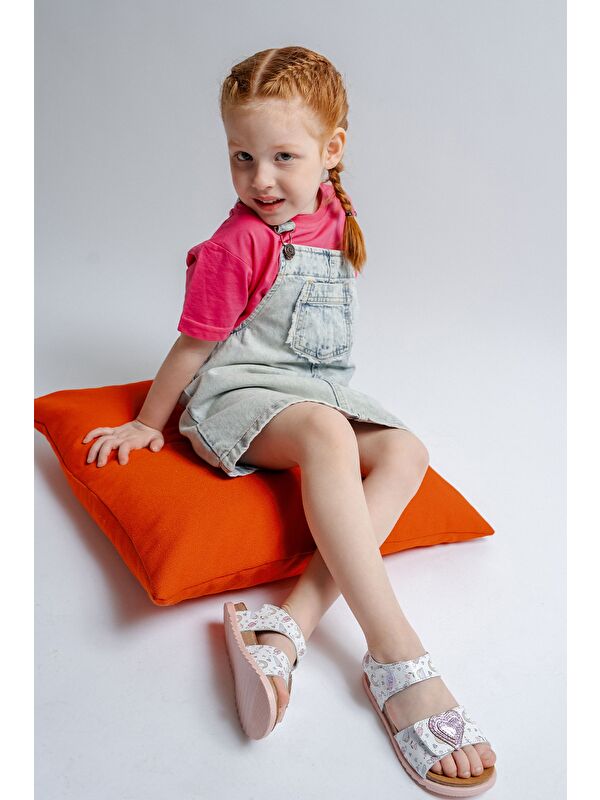 Kız Çocuk Beyaz Hakiki Deri Mantar Tabanlı Günlük Çocuk Sandalet - Görsel 3