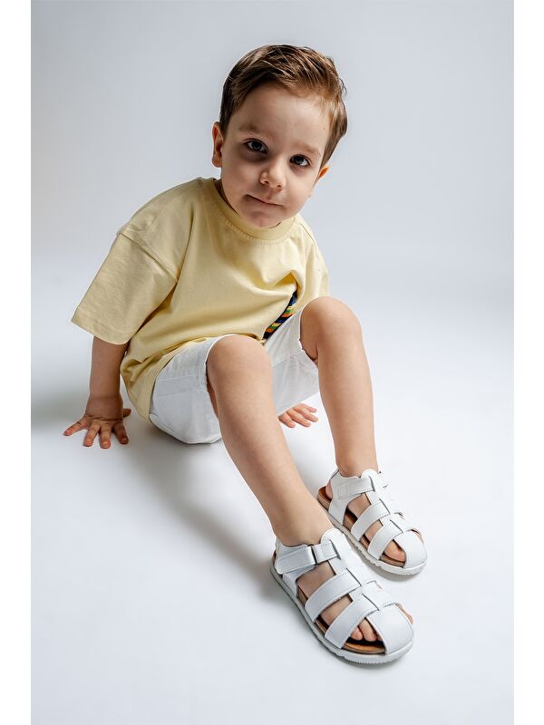 Unisex Çocuk Beyaz Hakiki Deri Mantar Tabanlı Günlük Çocuk Sandalet - Görsel 2