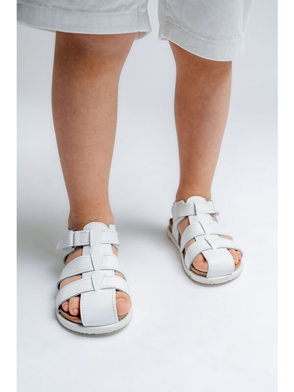 Unisex Çocuk Beyaz Hakiki Deri Mantar Tabanlı Günlük Çocuk Sandalet - Görsel 5