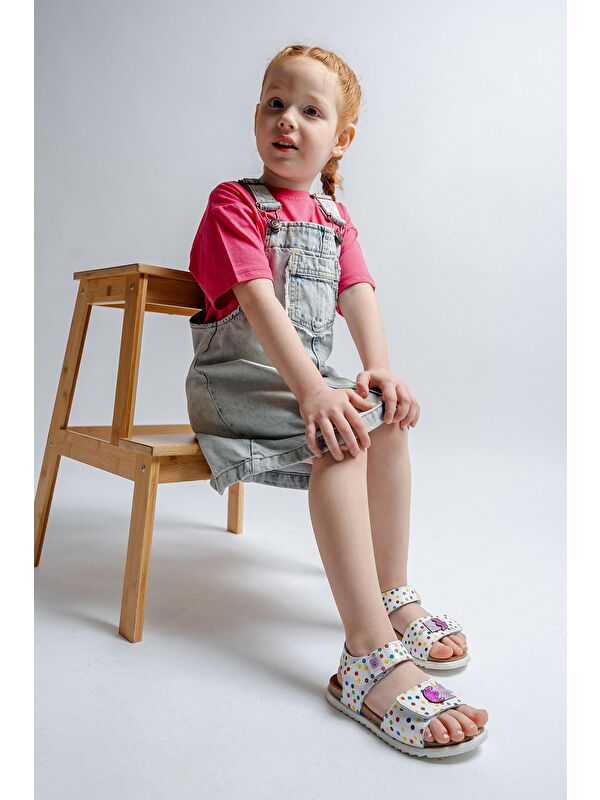 Kız Çocuk Beyaz Hakiki Deri Mantar Tabanlı Günlük Çocuk Sandalet - Görsel 3