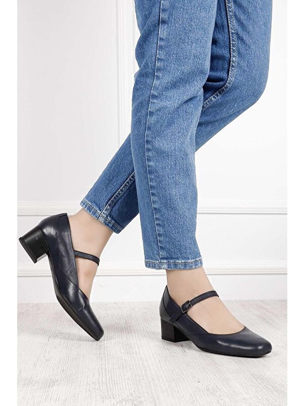 LACİVERT Hakiki Deri Küt Burun Kısa Kalın Topuklu Kadın Ayakkabı 24220 - Görsel 2