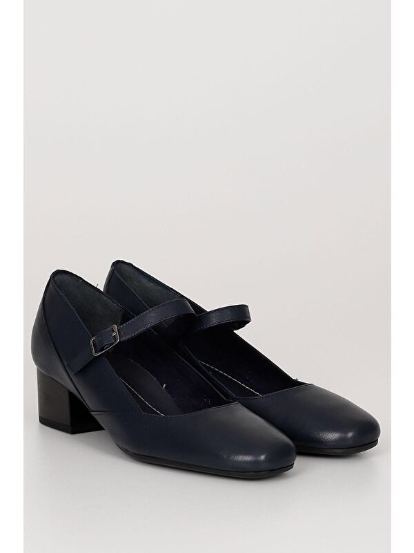 LACİVERT Hakiki Deri Küt Burun Kısa Kalın Topuklu Kadın Ayakkabı 24220 - Görsel 3