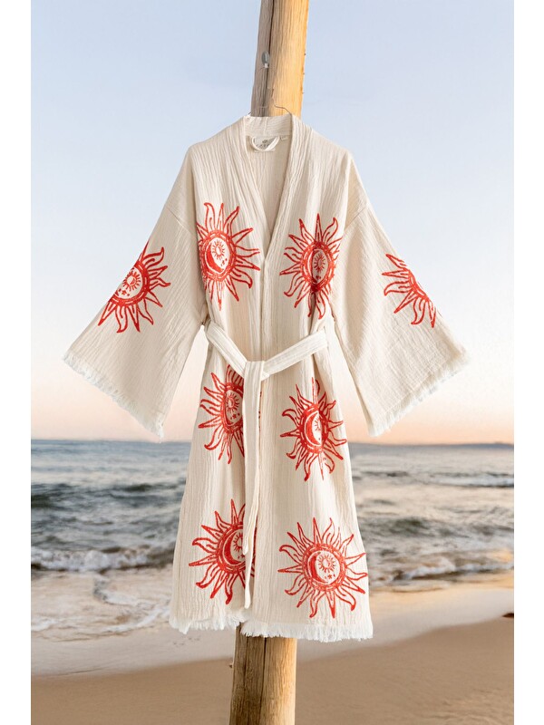 Varol Organik %100 Pamuk Kimono Yaka Sabalık Bornoz Plaj Elbisesi - Heliona v1 - S/M KREM/S/M