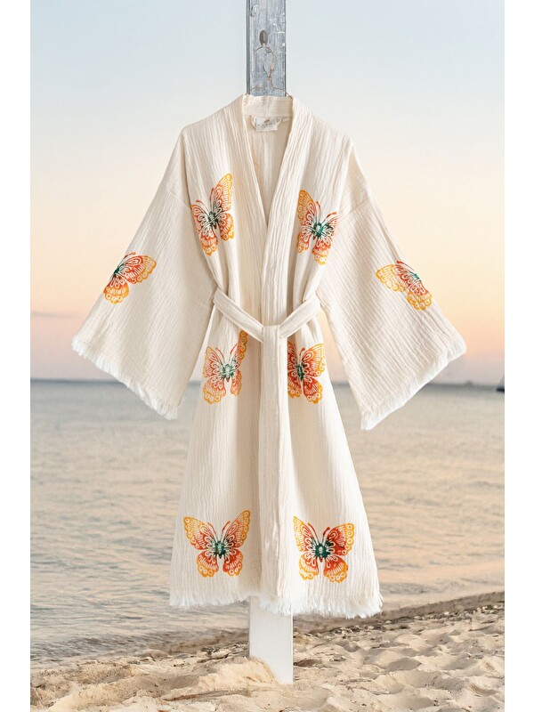 Varol Organik %100 Pamuk Kimono Yaka Sabalık Bornoz Plaj Elbisesi - Kelebek - L/XL KREM/L/XL