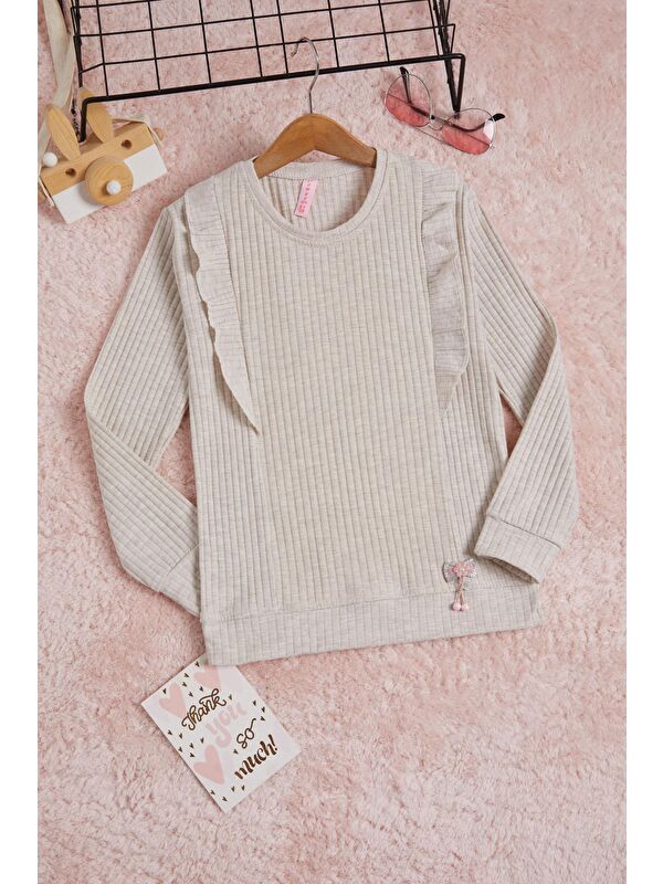 Pembe Life Kids Club Krem Önü Fırfırlı Fitilli Uzun Kollu Sweatshirt 16280