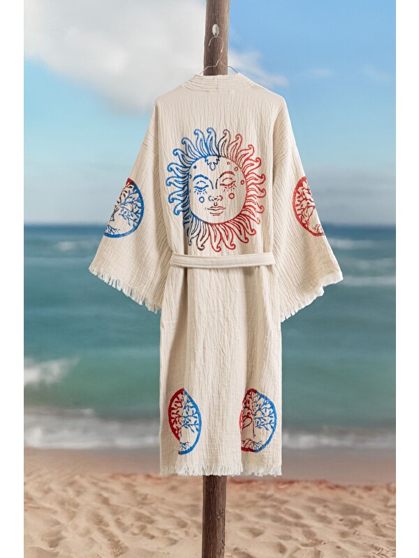 Varol Organik %100 Pamuk Kimono Yaka Sabalık Bornoz Plaj Elbisesi - Dualis - L/XL KREM/L/XL
