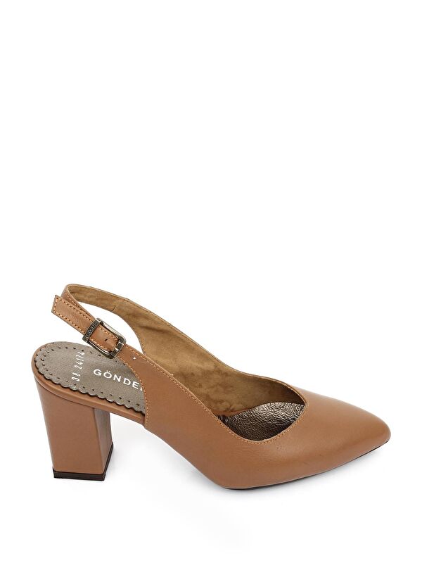 Gonderi(r) Bej Gonderi(r) Hakiki Deri Sivri Burun Yüksek Kalın Topuklu Arkası Açık Kadın Yazlık Ayakkabı