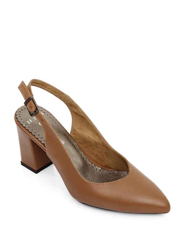Gonderi(r) Bej Gonderi(r) Hakiki Deri Sivri Burun Yüksek Kalın Topuklu Arkası Açık Kadın Yazlık Ayakkabı