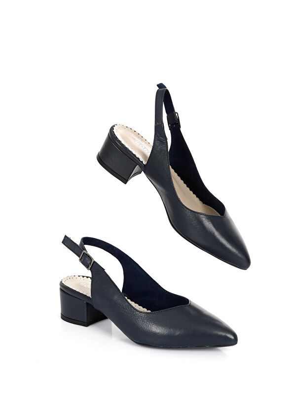 LACİVERT Hakiki Deri Sivri Burun Kısa Kalın Topuklu Arkası Açık Kadın Yazlık Ayakkabı 24173 - Görsel 3