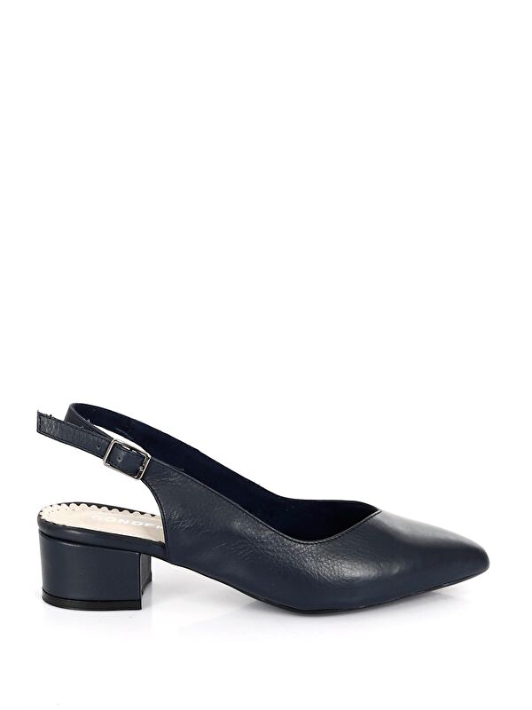 LACİVERT Hakiki Deri Sivri Burun Kısa Kalın Topuklu Arkası Açık Kadın Yazlık Ayakkabı 24173 - Görsel 5