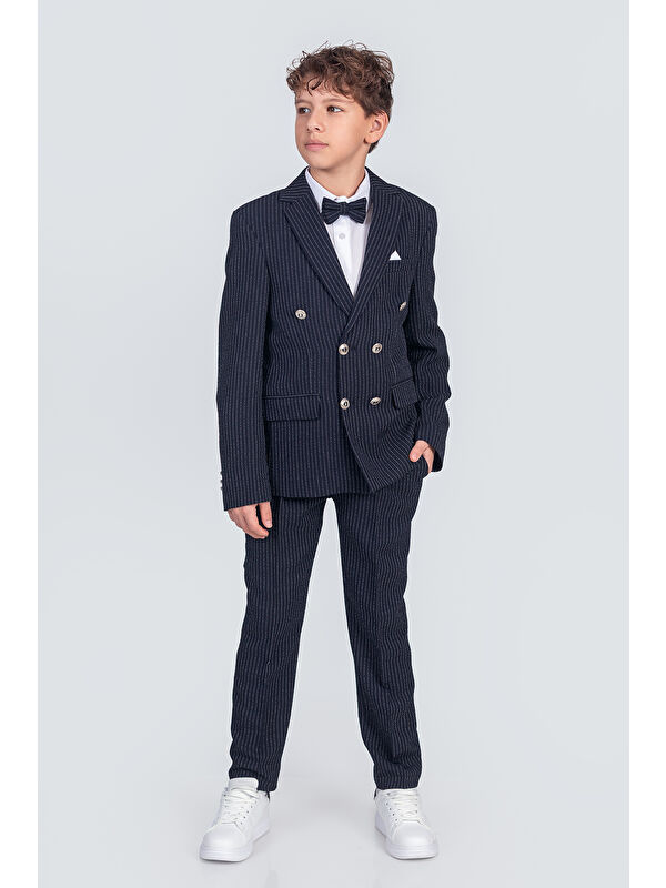 Pina Kids Erkek Çocuk Çizgili Ceket Gömlek Pantolon Papyonlu Takım Elbise Te.1001y