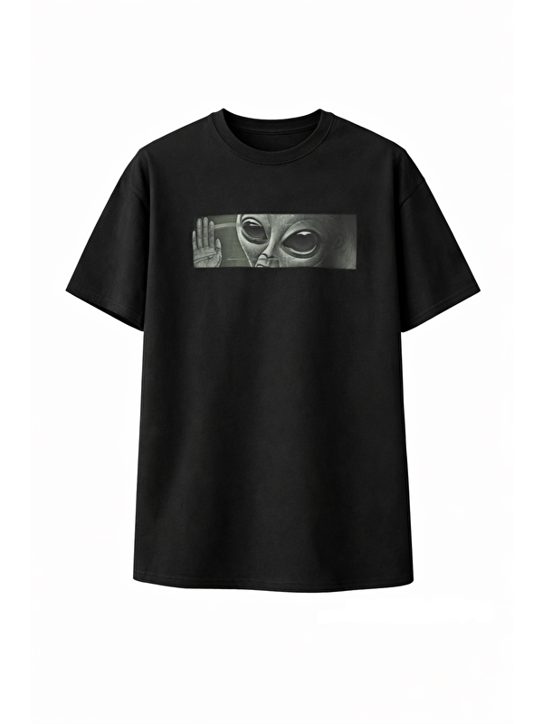 Jane's Unisex Bisiklet Yaka Baskılı Oversize T-Shirt - Siyah