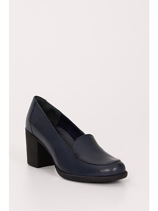 LACİVERT Hakiki Deri Yuvarlak Burun Kalın Orta Topuklu Kauçuk Taban Kadın Loafer Ayakkabı 24070 - Görsel 6