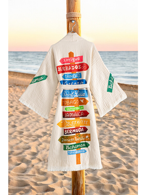 Varol Organik %100 Pamuk Kimono Yaka Sabalık Bornoz Plaj Elbisesi - Nomada KREM/S/M