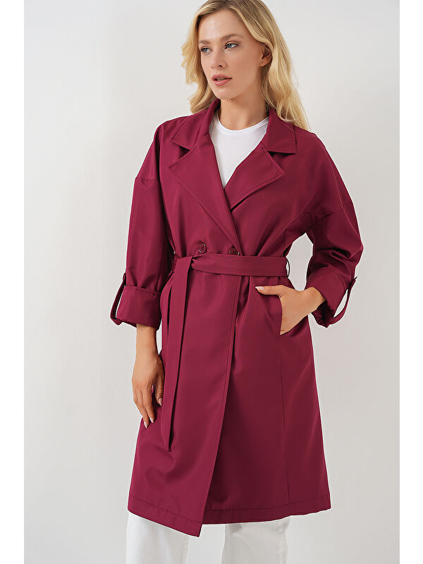 Bigdart 9104 Kruvaze Yaka Astarlı Trençkot - Bordo
