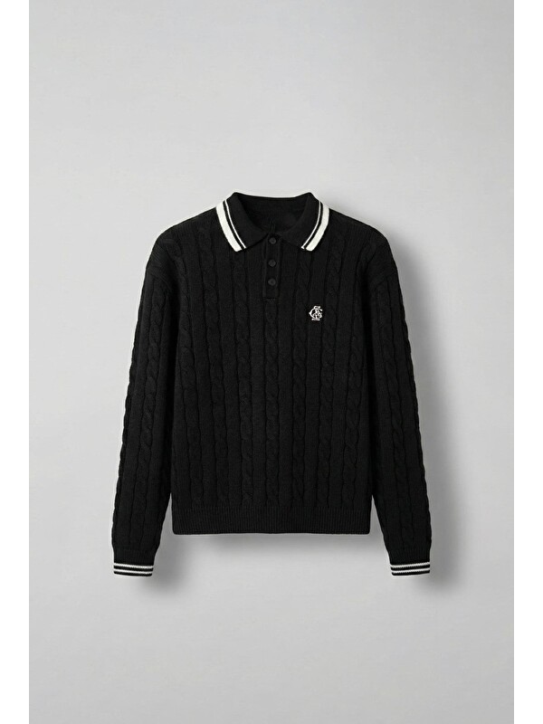 Abluka Online Erkek Oversize Polo Yaka Örgü Desenli Triko Kazak Siyah