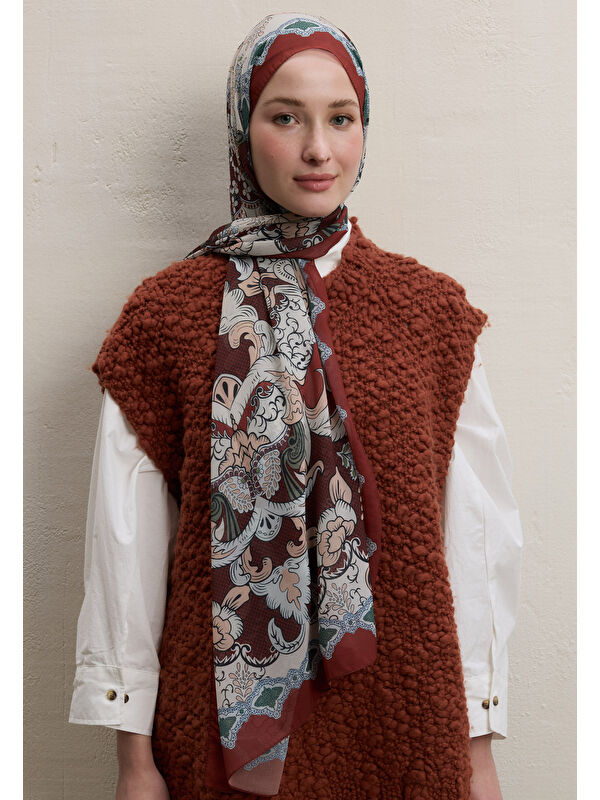 Fresh Scarfs Poppıes Desen İpek Krep Şal Kiremit