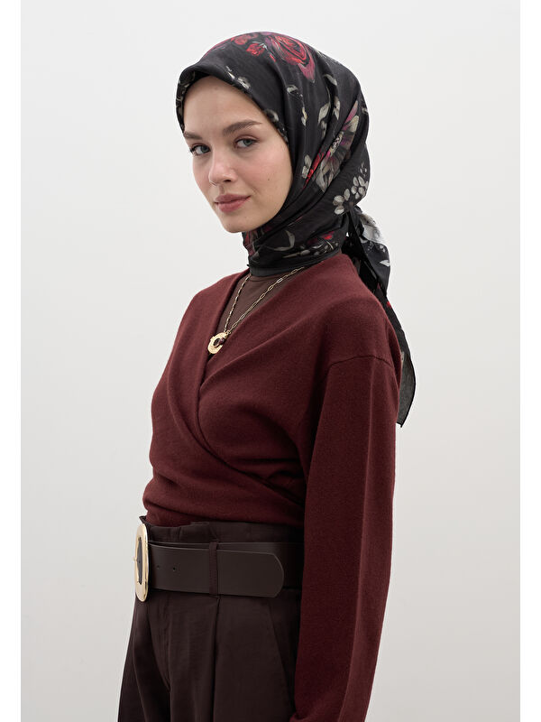 Fresh Scarfs Mıdnıght Rose Desen Pamuklu Viskon Eşarp Siyah