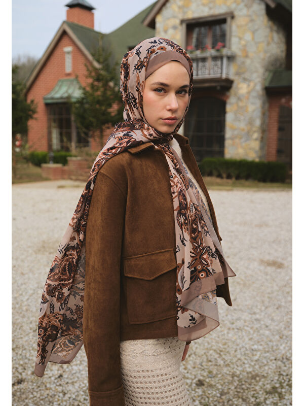 Fresh Scarfs Wıld Flora Desen İpek Krep Şal Vizon