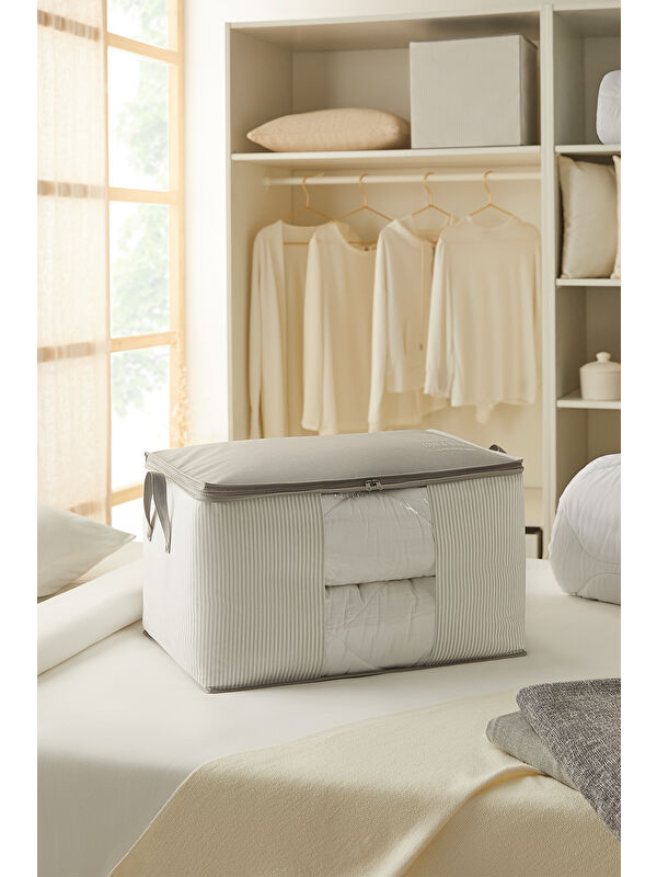 Ocean Home Textile Büyük Boy Pvc Pencereli Gri Çizgili Stuff & Things Hurç 60 x 43 x 35 cm