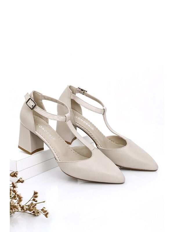 BEJ Hakiki Deri Sivri Burun Bilek Bağlı Orta Kalın Topuklu Kadın Ayakkabı 24182 - Görsel 3