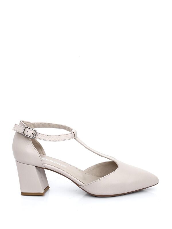 BEJ Hakiki Deri Sivri Burun Bilek Bağlı Orta Kalın Topuklu Kadın Ayakkabı 24182 - Görsel 5